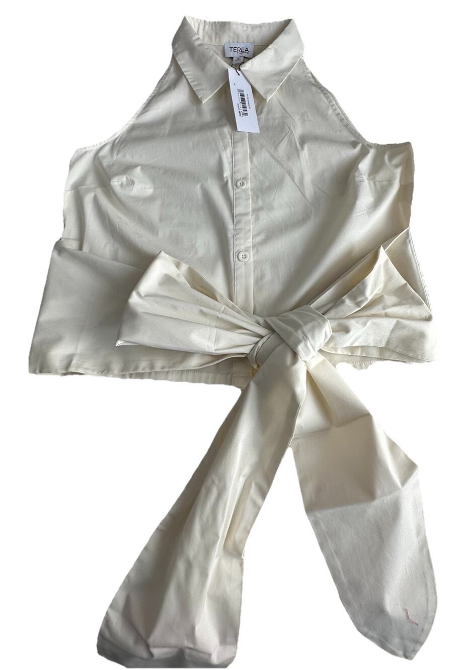 Terea By Andrea Pitter Women's Cream Sleeveless Button Up Front Tie Bow Medium